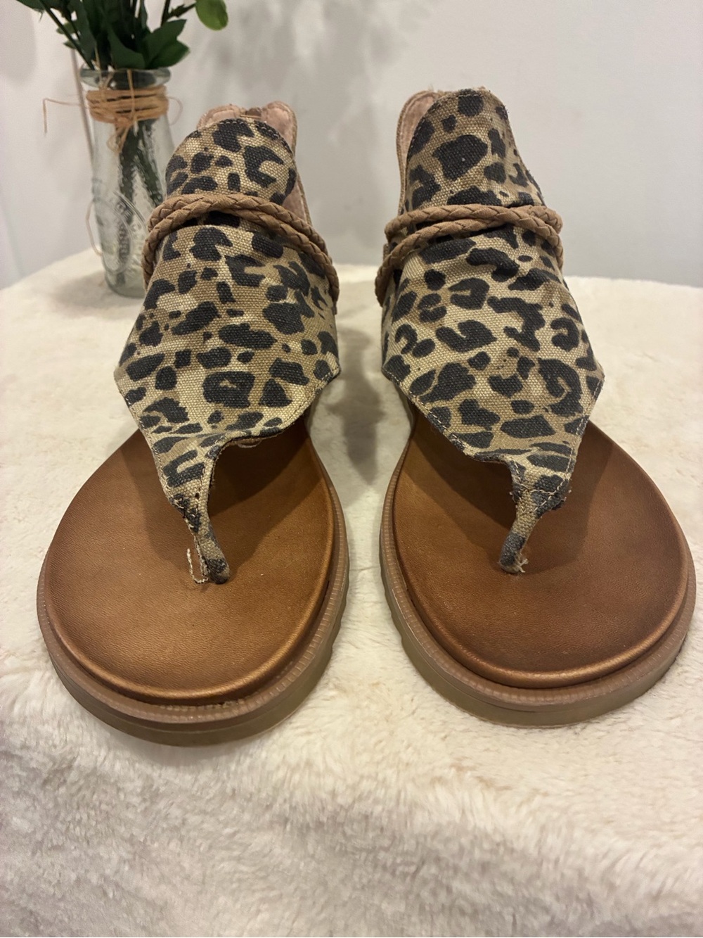 Very G Leopard Print Braided Thong Sandals - Tan/Brown